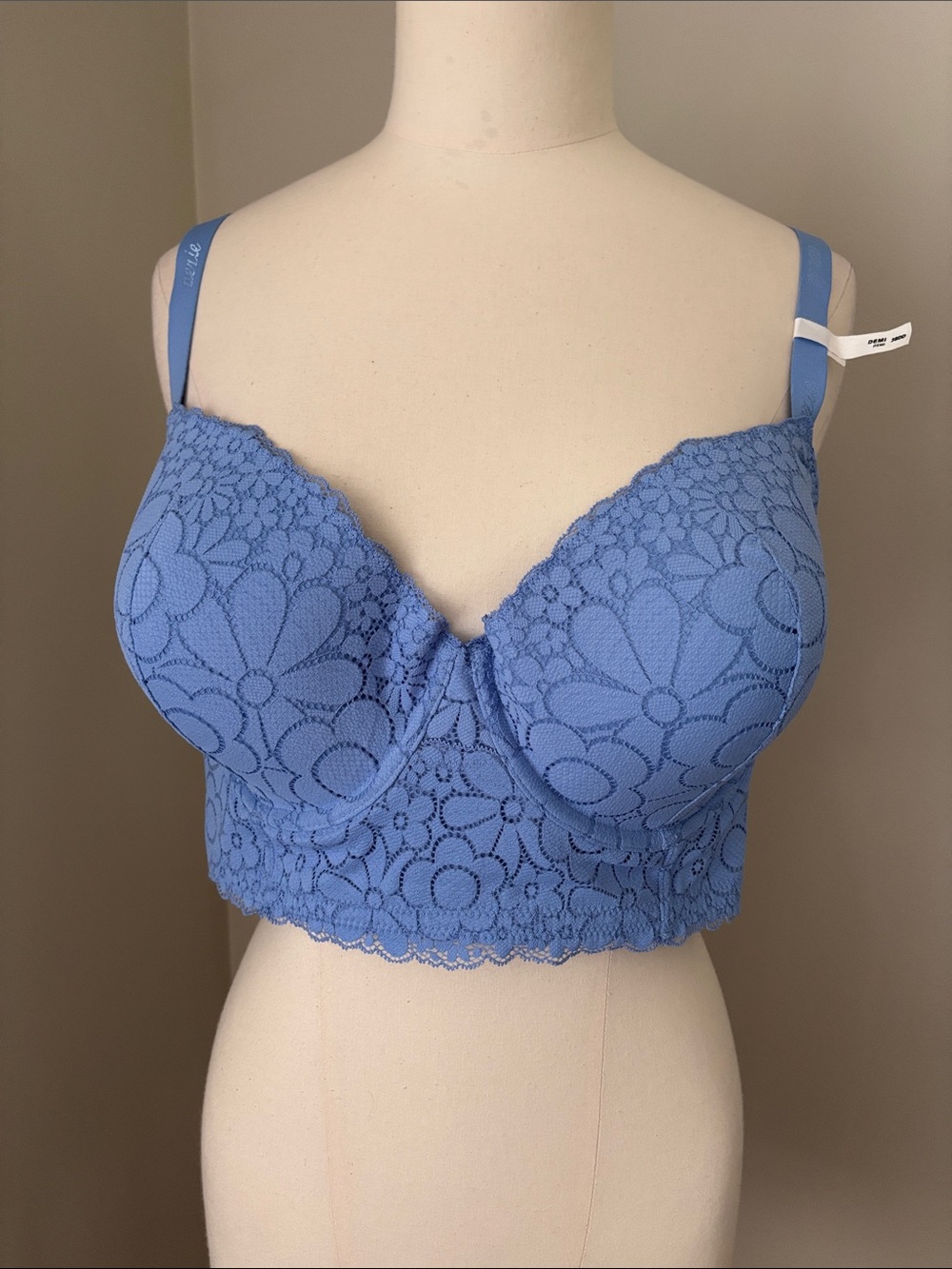 aerie Real Happy Demi Lightly Lined Lace Bra Blue Floral Sz 38DD